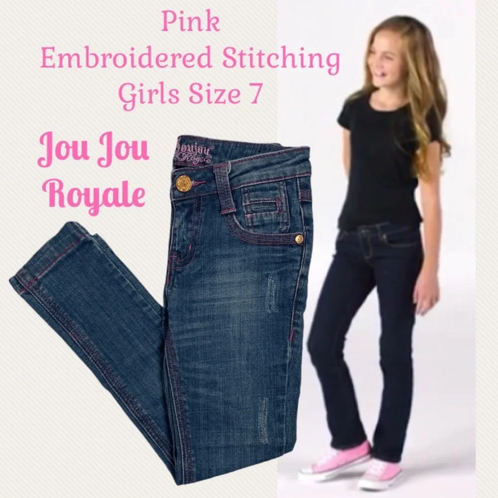 Vintage Y2K Jeans Pink Embroidered Distressed Medium Wash Denim Girls Size